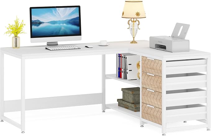 Tribesigns L Shaped Computer Desk with Storage Drawers, 59 inch Corner Desk with Shelves, Reversible L-Shaped Office Desk Study Writing Table Workstation for Home Office, White - Image 9