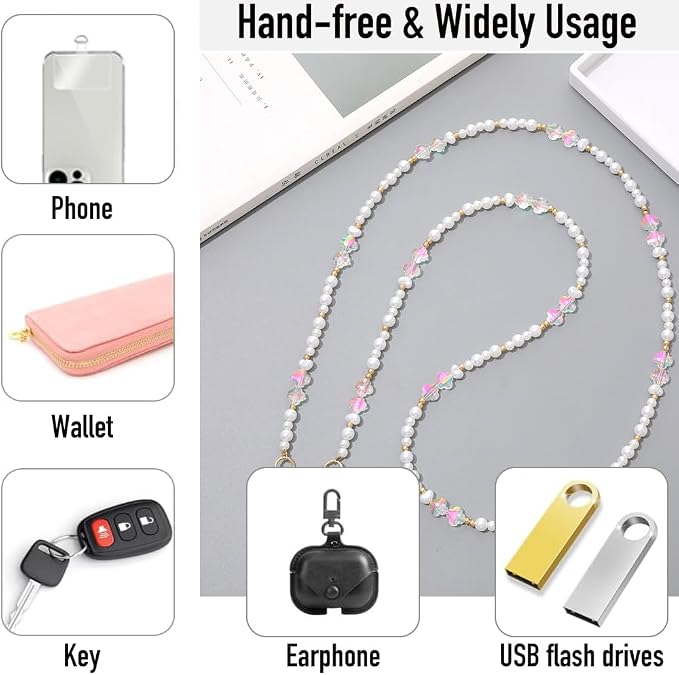 Phone Chain Crossbody Pearl Strap,Pearl Beaded Chain Shoulder Crossbody Lanyard with Phone Tether Patches Compatible with Most Phones Bag Purse (F) - Image 5
