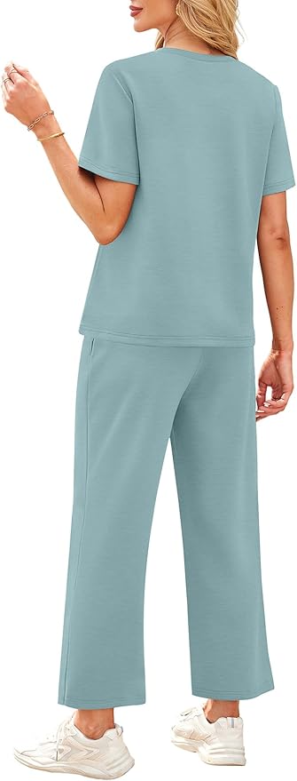 WIHOLL 2 Piece Sets for Women Casual Summer Travel Vacation Outfits Short Sleeve Wide Leg Crop Pants Lounge Sets - Image 5