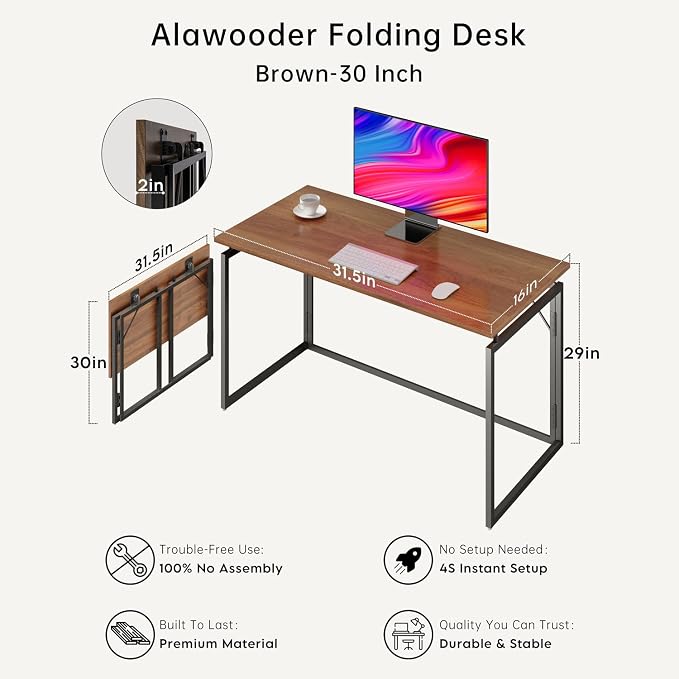 alawooder 31.5" Folding Desk: No Assembly, Wood Top for Small Spaces | Home office desk, holds 150 lbs, folds flat to 2.3 in, splash-proof wood top, sturdy metal frame - Image 6