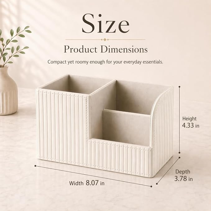 KINGFOM Desk Pen Organizer Office Supplies Caddy Pu Leather Multi-function Storage Box Pen/Pencil,Cell phone, Business Name Cards Remote Control Holder (Ivory White) - Image 3