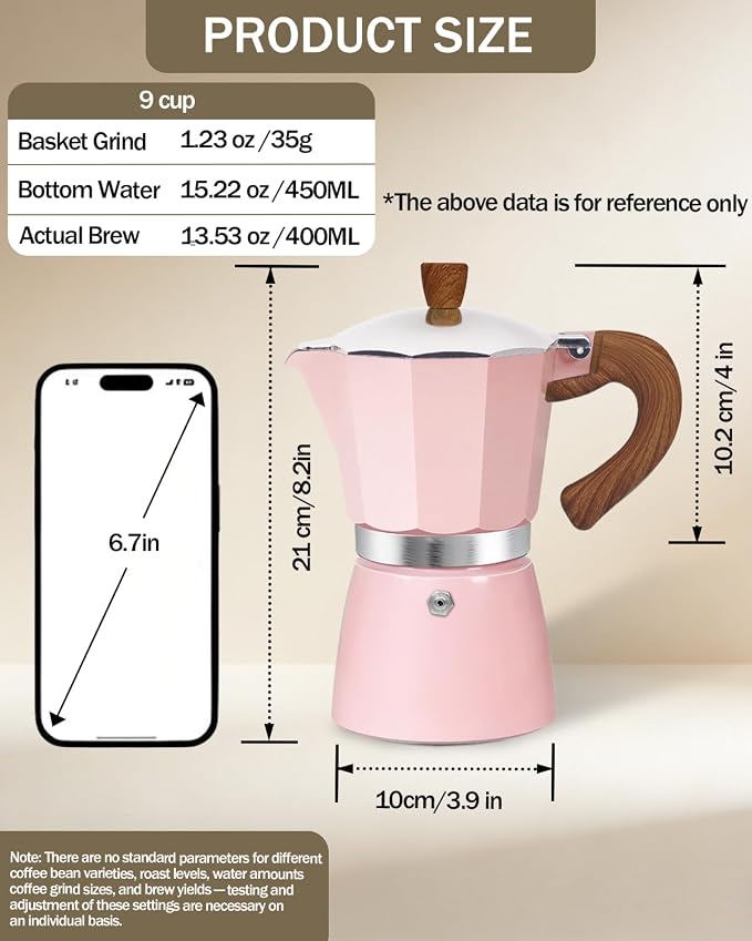 Coffee Maker Stovetop Espresso Maker 9 Cup Aluminum Moka Pot Percolator 15oz 450ml Easy Brewing for Electric Ceramic Stoves Home Camping Italian Cuban Café Classic Pink - Image 2