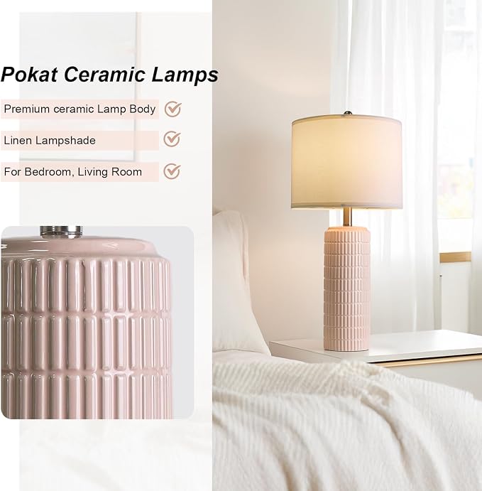 PoKat 27.5" Pink Ceramic Table Lamps for Girls Room Set of 2, Modern Bedroom Lamps, Bedside Lamps for Night Stands Living Room, Cute Lamps Pink Decor, Nightstands Desk Nursery - Image 7