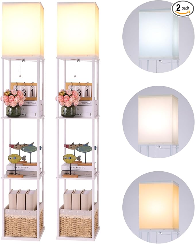 Gupuzm Floor Lamp with Shelves, 4 Layer Square Standing Lamp with 3 Color Temperature Bulb, Corner Display Bookshelf Lamp for Living Room, Bedroom and Office（White-2 Packs） by GUPUZMproducesandsellslamp