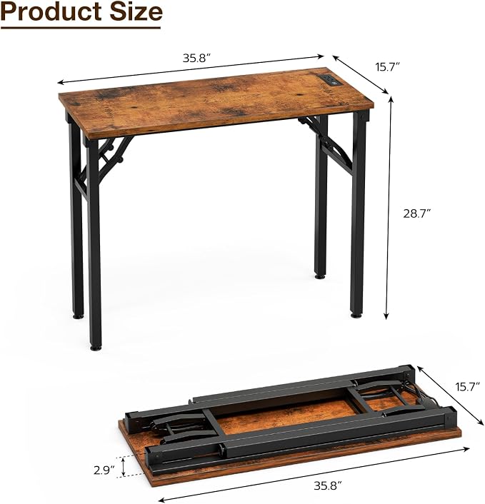 TEMI Small Computer Desk Folding Table - No Assembly, Compact 35.8" Foldable Desk with Power Outlets & USB Charging Port, Portable Small Office Desk, Ideal Mini Study Table for Narrow Spaces, Brown - Image 3