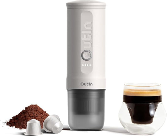 OutIn Nano Portable Electric Espresso Machine, Travel Coffee Maker | Self-Heating USB-C Car Coffee Maker for Ground Coffee & NS Capsules, Ideal for Camping, RV, Hiking and Office, Pearl White by OutIn