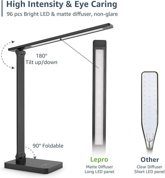 Lepro Desk Lamp with USB Charging Port for Home Office, 650LM 9.5W, Black | Dimmable Task Light, 5 Colors 5 Brightness, Eye Caring Table Lamp for Dorm Room, Sewing, Crafting, Reading, Nail, Drafts - Image 7