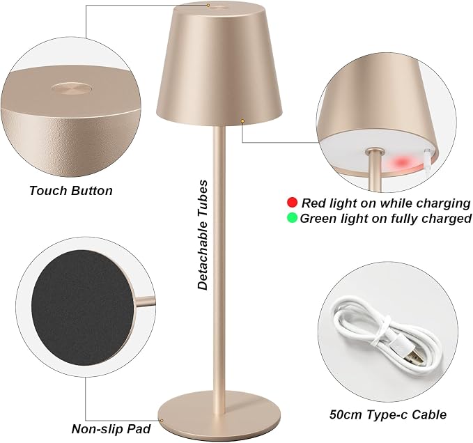 Kakanuo Champagne Gold Cordless Table Lamp Rechargeable - 2 Pack Battery Operated Lamp for Counter, 3 Color Stepless Dimming Wireless Lamp for Dining Kitchen, Outdoor Patio, Touch Control - Image 6
