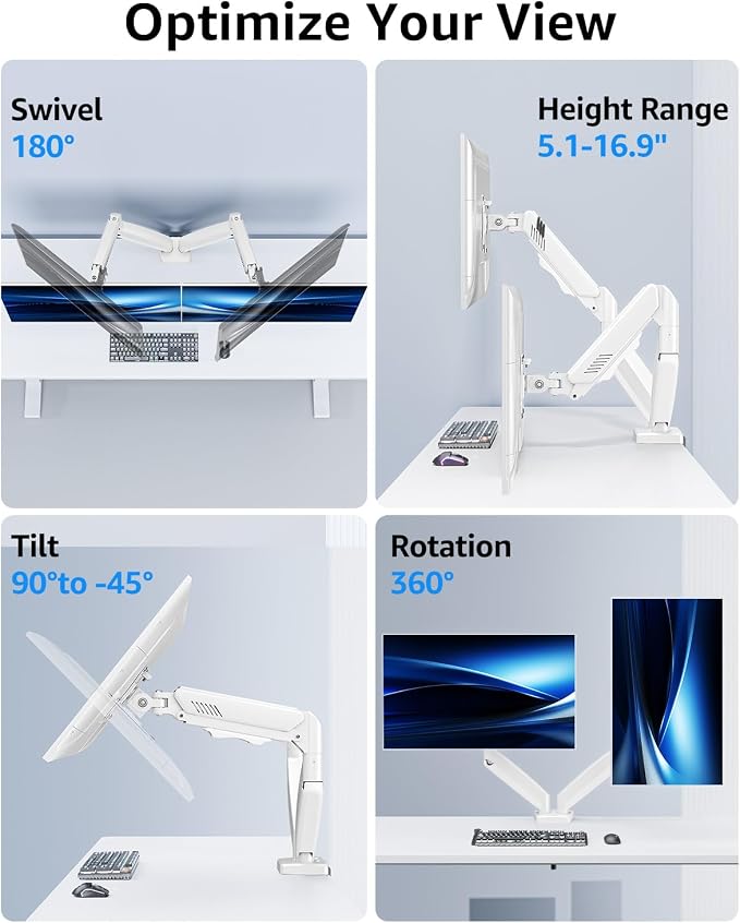 Dual Monitor Stand fits up to 32 inch, 4.4-19.8 lbs Computer Screens, Dual Monitor Desk Mount Height Adjustable, Monitor Arms for 2 Monitors, Home Office VESA Mounts, Freelift White - Image 7