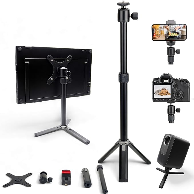 Kado Metal Portable Monitor Stand Tripod, Phone/Tablet Clamp for Desk | 100x100mm 75x75mm Wall/Arm Mount Clamping, 360° Ball Head and 1/4" Screw Compact for Phone, Tablet, Projector, Camera, Webcam by Kado