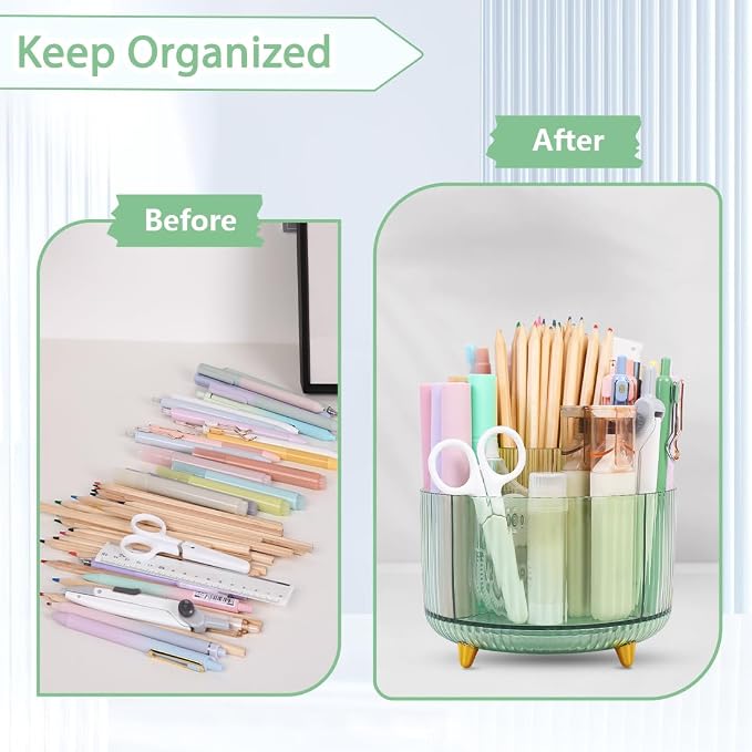 SKYDUE Rotating Pencil Pen Holder, Pen Organizer with 5 Slots - Aesthetic Desk Organizer and Accessories for School, Home, Office Supplies, Clear Green - Image 5