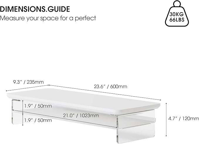 Fenge 23.6" Monitor Stand with Clear Acrylic Legs, White | Clear acrylic, storage compartment, 2-tier home office monitor riser, wide large desktop shelf fit monitor/laptop/printer - Image 4