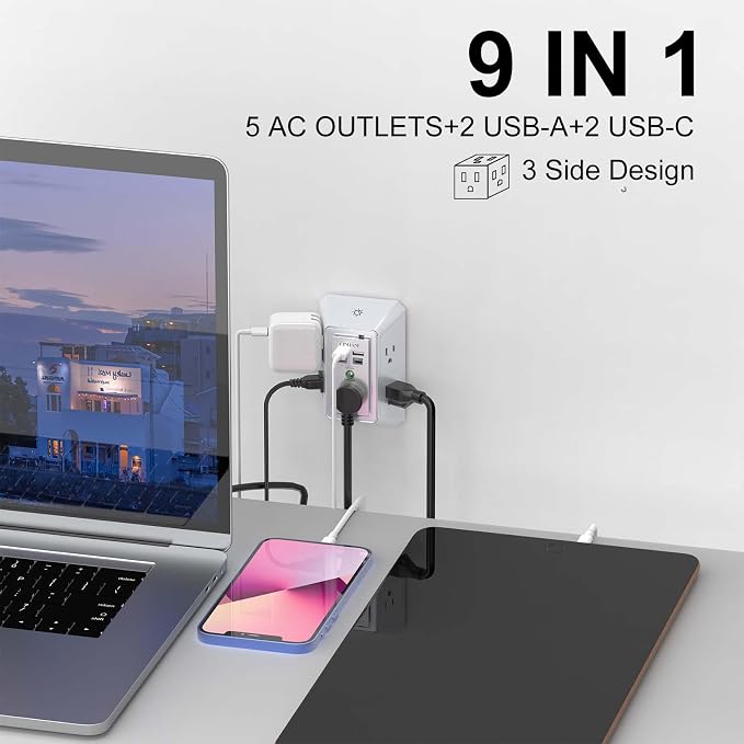 3-Sided Outlet Extender with Night Light - QINLIANF Multi Plug Outlet with 5 Outlets and 4 USB Ports(2 USB-C), USB Wall Charger for Home, Office, Travel, ETL Listed, White - Image 3
