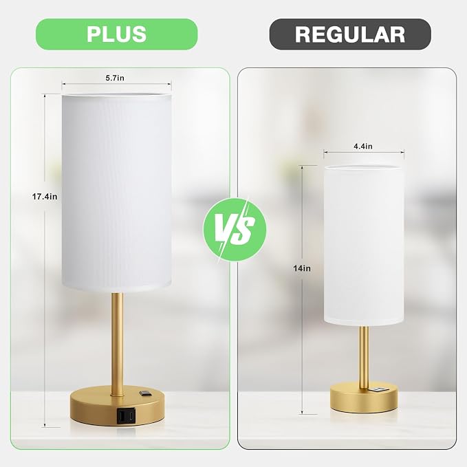 Dicoool 17.4" Bedside Lamp for Bedroom - Dimmable Touch, USB A+C, AC Outlet | LED Bulb Included, 3-Way Dimmable, 17.4" Table Lamp for Living Room, Dorm, White Fabric Lampshade, Gold Metal Base - Image 2