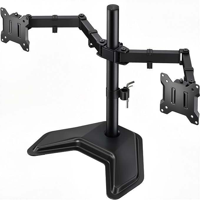 monTEK Freestanding Dual Monitor Stand for 17-32" Screens, 22 lbs Each | Solid V-shaped base, dual-screen full-motion arms, height adjustment, tilt, swivel, rotation and VESA 75/100 by monTEK