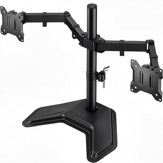 monTEK Freestanding Dual Monitor Stand for 17-32" Screens, 22 lbs Each | Solid V-shaped base, dual-screen full-motion arms, height adjustment, tilt, swivel, rotation and VESA 75/100 by monTEK