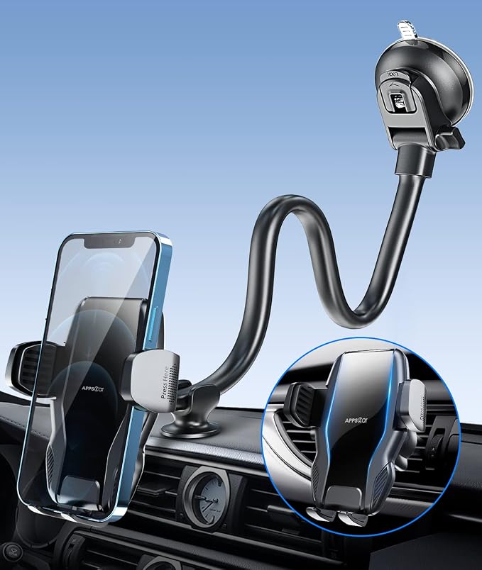 APPS2Car 13" Gooseneck Phone Mount for Car Windshield Dashboard Vent, Cell Phone Holder for Car Truck with Strong Suction Cup, Anti-Shake Stabilizer, One-Hand Operation, Fits Most Smartphones by APPS2Car