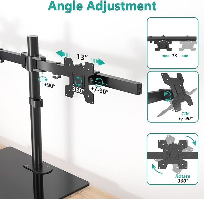 WALI Free Standing Dual Monitor Stand, Height Adjustable Monitor Mount with Glass Base, Fits LCD LED Flat Curved Screen up to 27 inch, 22lbs, with Grommet Base (GMF002) - Image 3