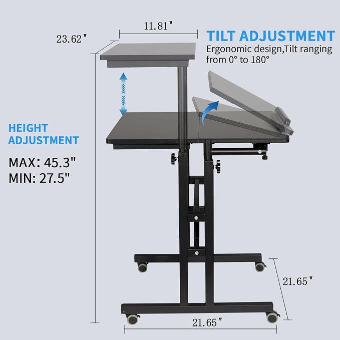 Hadulcet Mobile Standing Desk with Charging Station, Adjustable Standing Computer Desk, Standing Adjustable Laptop Cart with Wheels for Home Office Classroom Black - Image 2