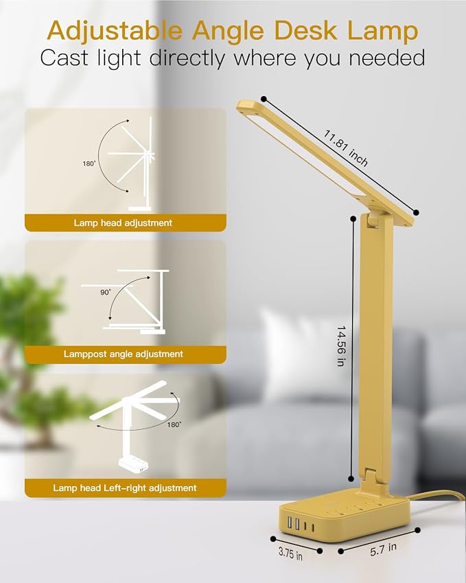 Addtam LED Desk Lamp, Power Strip with 3 Outlets 4 USB Charging Ports(2 USBC), 4 Modes 5 Level Brightness Touch Lamp, Small Desk Lamp for Home Office College Dorm Room Essentials, Yellow - Image 4