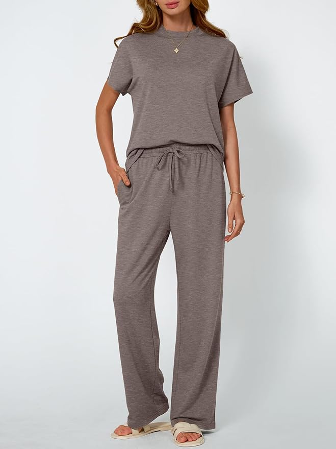 AUTOMET Women's 2 Piece Matching Lounge Sets 2026 Summer Mock Neck Sweatsuits Short Sleeve Loungewear Travel Outfits - Image 2