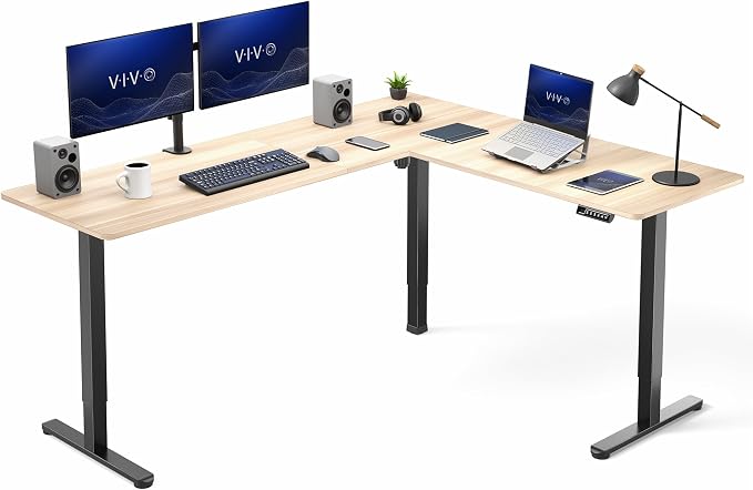 VIVO Light Wood 75 x 63 in Corner Standing Desk, DESK-E3CTBC-75 | Electric, Large Reversible L-Shaped Table, Sit Stand Height Adjustable, Memory Controller, Office Furniture Sets, Black Frame by Unknown