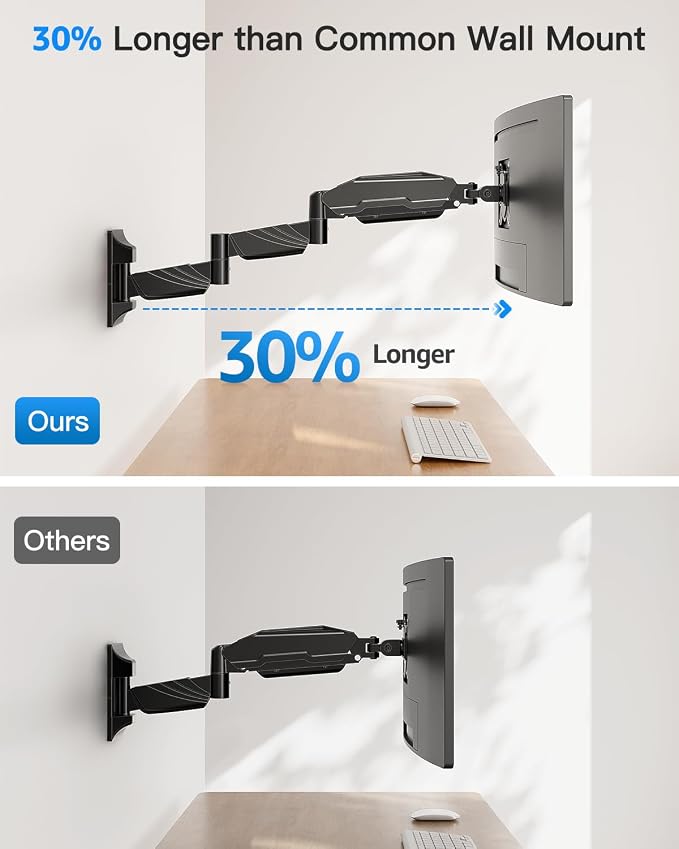 Long Arm Monitor Wall Mount for Max 32 inch Computer Screen, Extra Long Adjustable Single Wall Mount Monitor Arm, Full Motion Vesa Wall Bracket 100x100, Hold up to 17.6lbs, Black - Image 2