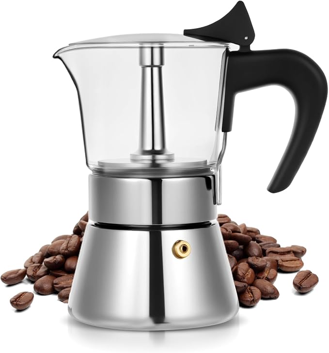4 Cup 200ml Glass Moka Pot, Stovetop Espresso Maker, Silver | Crystal Glass-top & Stainless Steel Coffee Maker, Induction Compatible, for Greca de Cafe, Cuban and Italian Coffee Brewing by Suiitat