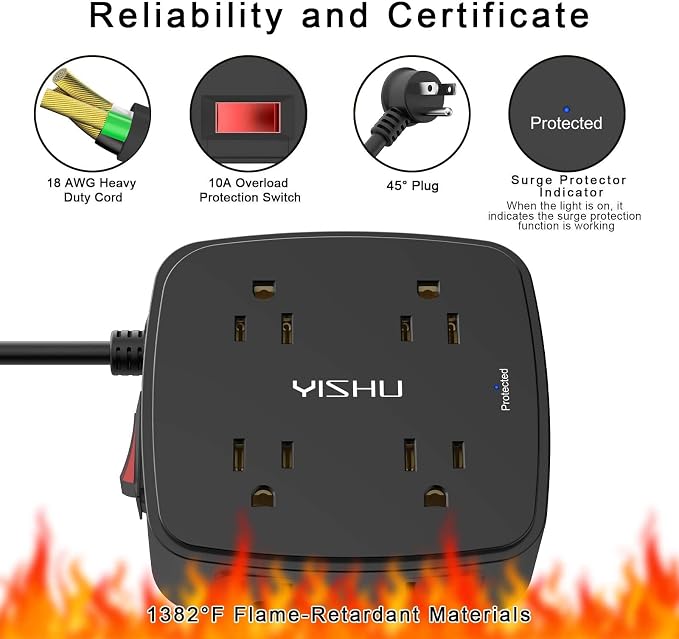 6 Ft Surge Protector Power Strip - 8 Widely Outlets with 4 USB Ports, 3 Side Outlet Extender with 6 Feet Extension Cord, Flat Plug, Wall Mount, Desk USB Charging Station, ETL,Black - Image 6