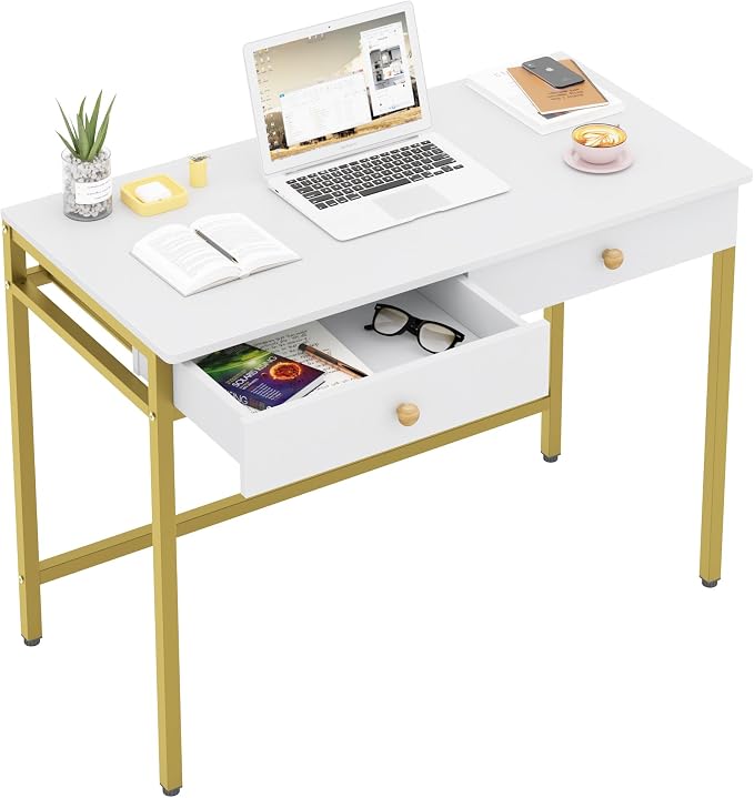 Weehom Computer Desk with Drawers, Home Office Workstation, White Gold | Sturdy and spacious workstation for writing, studying and gaming, Suitable for PC and laptop use by WeeHom