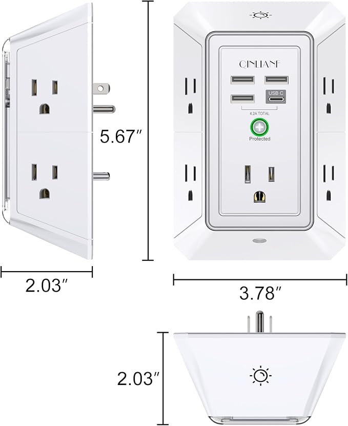 3-Sided Outlet Extender with Night Light - QINLIANF Multi Plug Outlet with 5 Outlets and 4 USB Ports(1 USB-C), USB Wall Charger for Home, Office, Travel, ETL Listed, White - Image 7