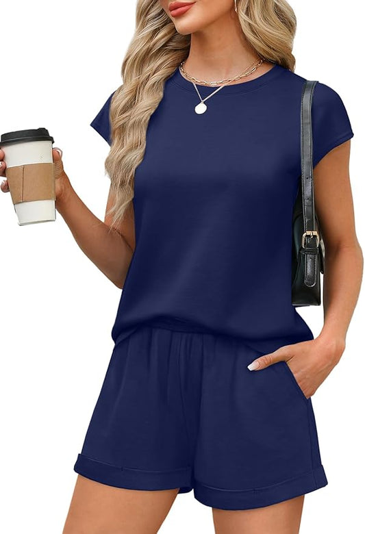 WIHOLL 2 Piece Sets for Women Casual Summer Travel Vacation Outfits Cap Sleeve Shorts Lounge Set by WIHOLL
