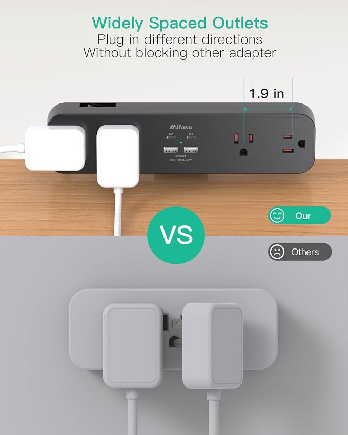 Mifaso PD30W Desk Clamp Power Strip, Surge Protector, Fast Charging Station | 4 Outlets, 4USB (2USBC), Desk Organizer Gaming Accessories Office Essentials, 5FT Cord, Fits 1.96" Tabletop Edge Shelf, Black - Image 4