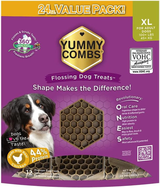 Yummy Combs Dog Dental Treats – Vet VOHC Approved – Delicious Chicken Protein – Removes Tartar with Cleaning Comb Shape – Dental Dog Treats for Extra Large Dogs (24oz, 12 Count) by YummyCombsDogDentalTreats