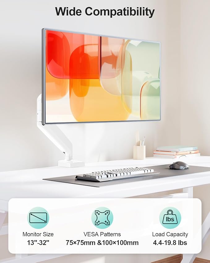 Single Monitor Desk Mount, 13-32 inch Adjustable Full Motion Monitor Arm, Computer Monitor Stand Holder with Clamp and Grommet Base, Fit 4.4 to 19.8lbs Screens, VESA Mount Bracket, White, Freelift Pro - Image 4