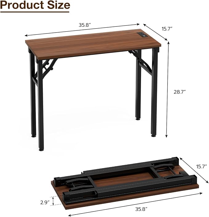 TEMI Small Computer Desk Folding Table - No Assembly, Compact 35.8" Foldable Desk with Power Outlets & USB Charging Port, Portable Small Office Desk, Ideal Mini Study Table for Narrow Spaces, Walunt - Image 3