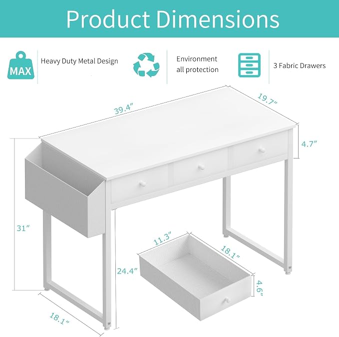 Lufeiya Small White Computer Desk with Drawers for Home Office Bedroom, 40 Inch Vanity Desk with Fabric Drawer Storage and Side Pouch, Study Writing Table, White - Image 3
