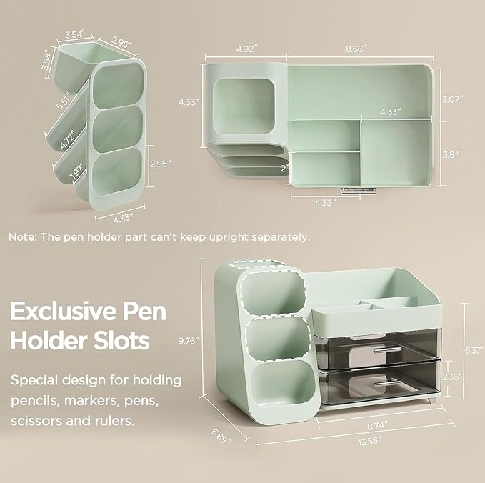 HBlife Desk Organizer with Pen Pencil Holder for Desk, Pen Organizer with 2 Drawers, Desk Organizers and Accessories with 4 Compartments, Desktop Storage for Office Home School Art Supplies, Green - Image 5