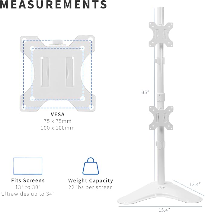 VIVO Dual Monitor Desk Stand Free-Standing LCD Mount, Holds in Stacked Vertical Position 2 Ultrawide Screens up to 34 inches, White, STAND-V002LW - Image 3
