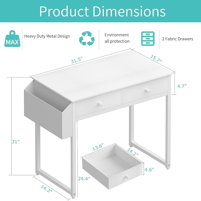 Lufeiya Small White Kids Desk with Drawers for Bedroom, 32 Inch Home Office Desks with Fabric Storage Drawer and Bag, Study Writing Vanity Table for Small Spaces, White - Image 3