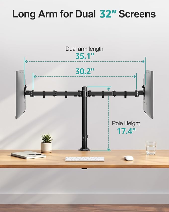 MOUNT PRO Dual Monitor Mount Fits 13-32 Inch/17.6lbs LCD Screen, Computer Monitor Desk Mount, Articulating Monitor Arm, Height Adjustable Display Stand for 2 Monitors, VESA Mount 75x75/100x100mm - Image 5