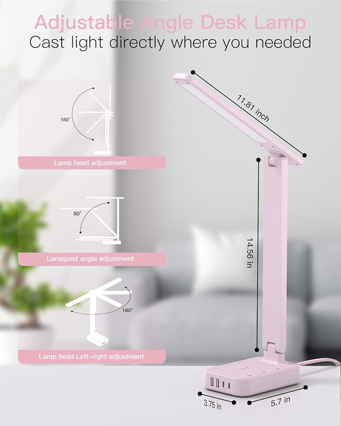 Addtam LED Desk Lamp, Power Strip with 3 Outlets 4 USB Charging Ports(2 USBC), 4 Modes 5 Level Brightness Touch Lamp, Small Desk Lamp for Home Office College Dorm Room Essentials, Pink - Image 4