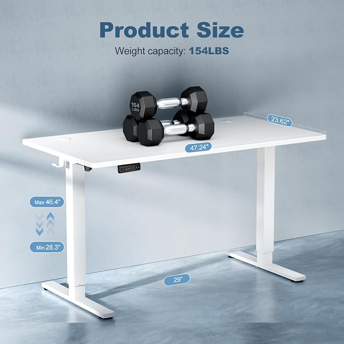 DUMOS 48 Inch Electric Standing Desk, Memory Adjustable Home Office Desk | Sit Stand Up Desk for Work Home Office,Adjustable Desk, Rising Computer Table with Splice Board,Cable Management,Hook,White - Image 3