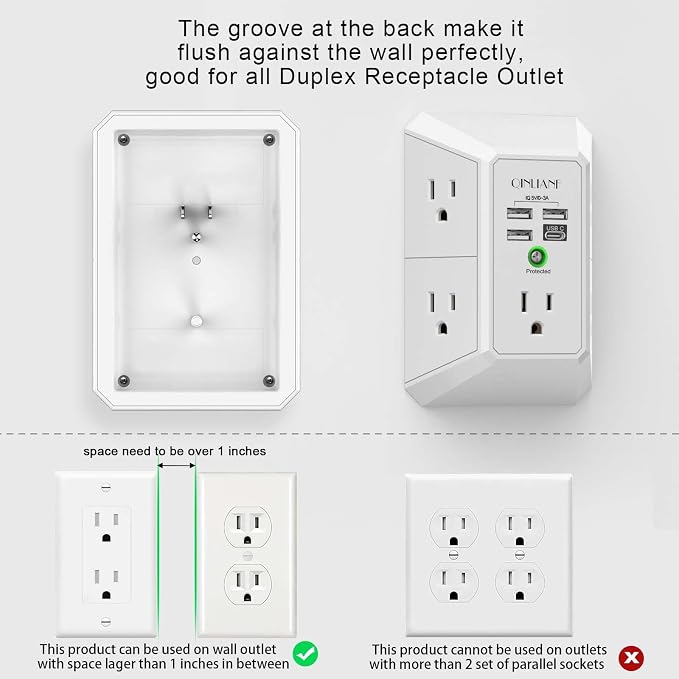 Wall Charger, Surge Protector, QINLIANF 5 Outlet Extender with 4 USB Charging Ports, 3-Sided 1680J Power Strip Multi Plug Adapter Spaced for Home Travel Office - Image 3