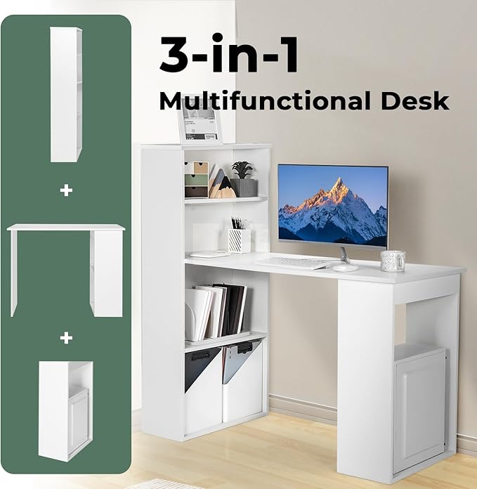 Giantex 48 Inch Computer Desk with Bookshelf, 3-in-1 Home Office Desk with 4-Tier Bookcase & CPU Stand, Space-Saving Reversible Writing Desk Work Table for Bedroom, Study Room, Office (White) - Image 5