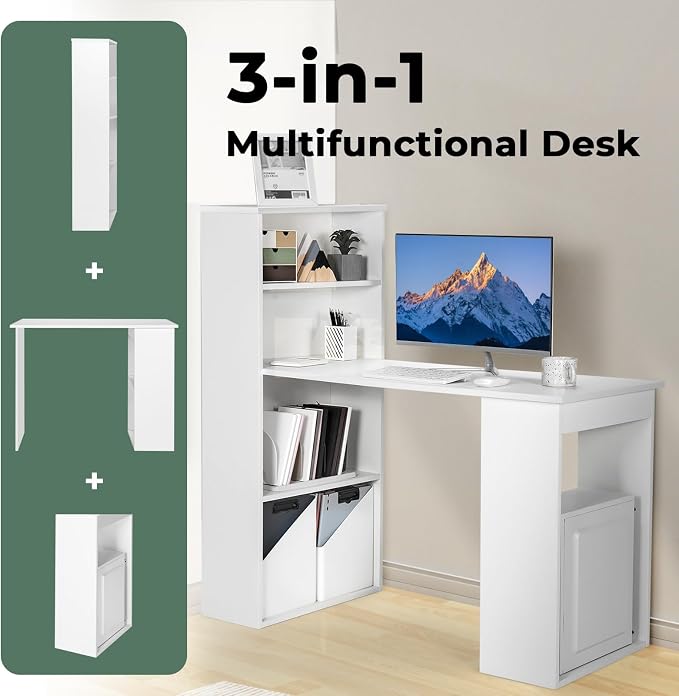 GRAFFY Computer Desk with 6 Storage Shelves - 48" Reversible Writing Desk Workstation with Bookshelf and CPU Stand, Modern Compact Office Desk for Bedroom, Study, Home, Office (White) - Image 3