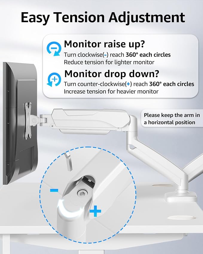 MOUNTUP Dual Monitor Stand for Desk, Monitor Arms for 2 Monitors Max 32 Inches, Height Adjustable Double Monitor Mount, VESA Mount with C-Clamp & Grommet Base, Holds 4.4-17.6lbs, White - Image 3