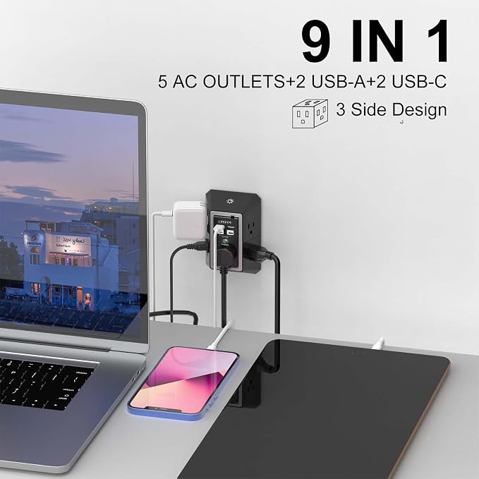 3-Sided Surge Protector Power Strip - QINLIANF Multi Plug Outlet with 5 Outlet Extender and 4 USB Ports(2 USB-C) and Night Light, USB Wall Charger for Home, Office, Travel, ETL Listed, Black - Image 3