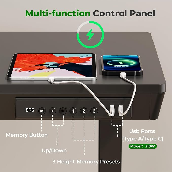 35" Electric Standing Desk with Drawer, 4 Lockable Wheels | Height Adjustable Quick Install One-Piece Tabletop with USB Charging Port, Small Sit to Stand up Desk for Home Office, Black - Image 6