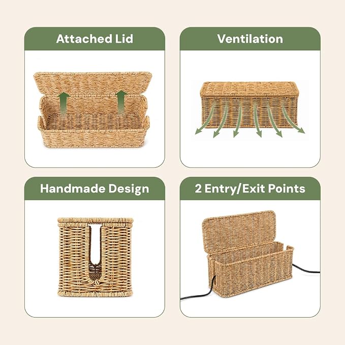 Cable Management Box, Handmade Rattan Cable Organizer with 2 Open Slots, Cord Hider for Power Strip, Router & USB Hub, Registered U.S. Design Patent (D1,112,102), 13" x 5.1" x 5.1", Natural - Image 6